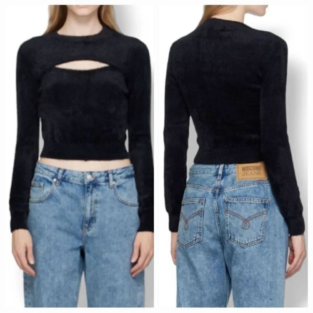 Vintage Cherry Mellow Plush Cut Out Crop Longsleeve Sweater in Black Size Large